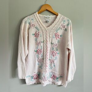 Carolyn Taylor Vintage Floral Embroidered Cardigan Creamy Pink